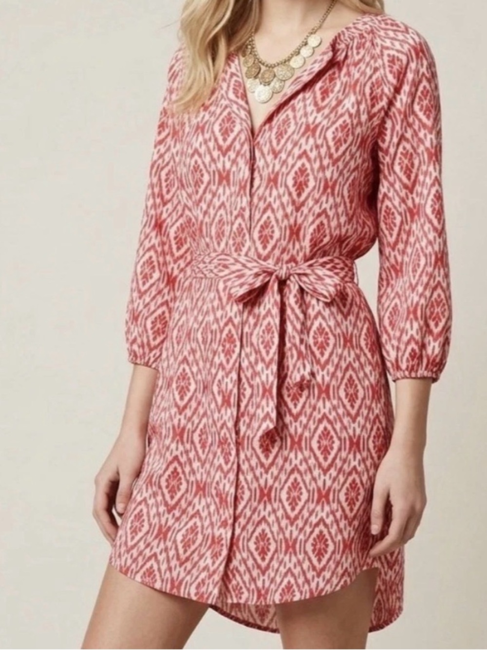 Mauve Anthropologie Silky Ikat 3/4 Sleeve Belted Shirtdress. Red/White. FLAW. S